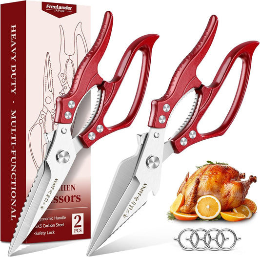 Freelander Poultry Shears Set Red - All Purpose Heavy Duty Kitchen Shears