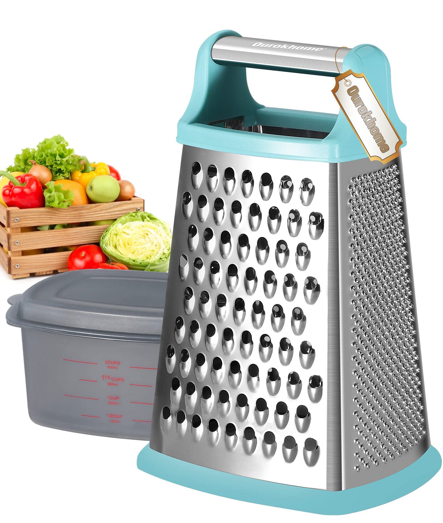 Ourokhome Cheese Grater, Handheld Box Grater with Container & Lid, 4-Sided Stainless Steel for Kitchen, Wavy Julienne, Slicer, Coarse Shred & Fine Zester, Non-Slip Base, Dishwasher Safe, 8 Inch
