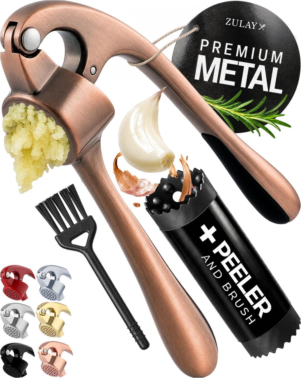 Zulay Kitchen Large Premium Garlic Press Set - Bigger Bowl for Bigger Garlic - Rust Proof Garlic Mincer Tool - Easy-Squeeze, Easy-Clean Silicone Garlic Peeler & Brush (Gold)