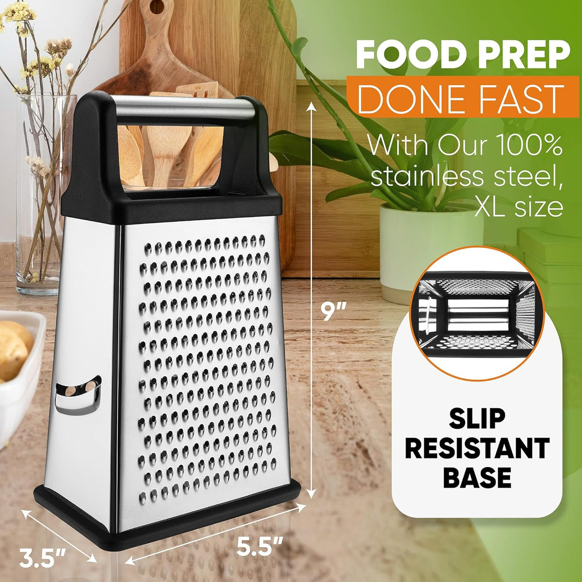 Spring Chef Stainless Steel XL Cheese Grater for Kitchen, Black