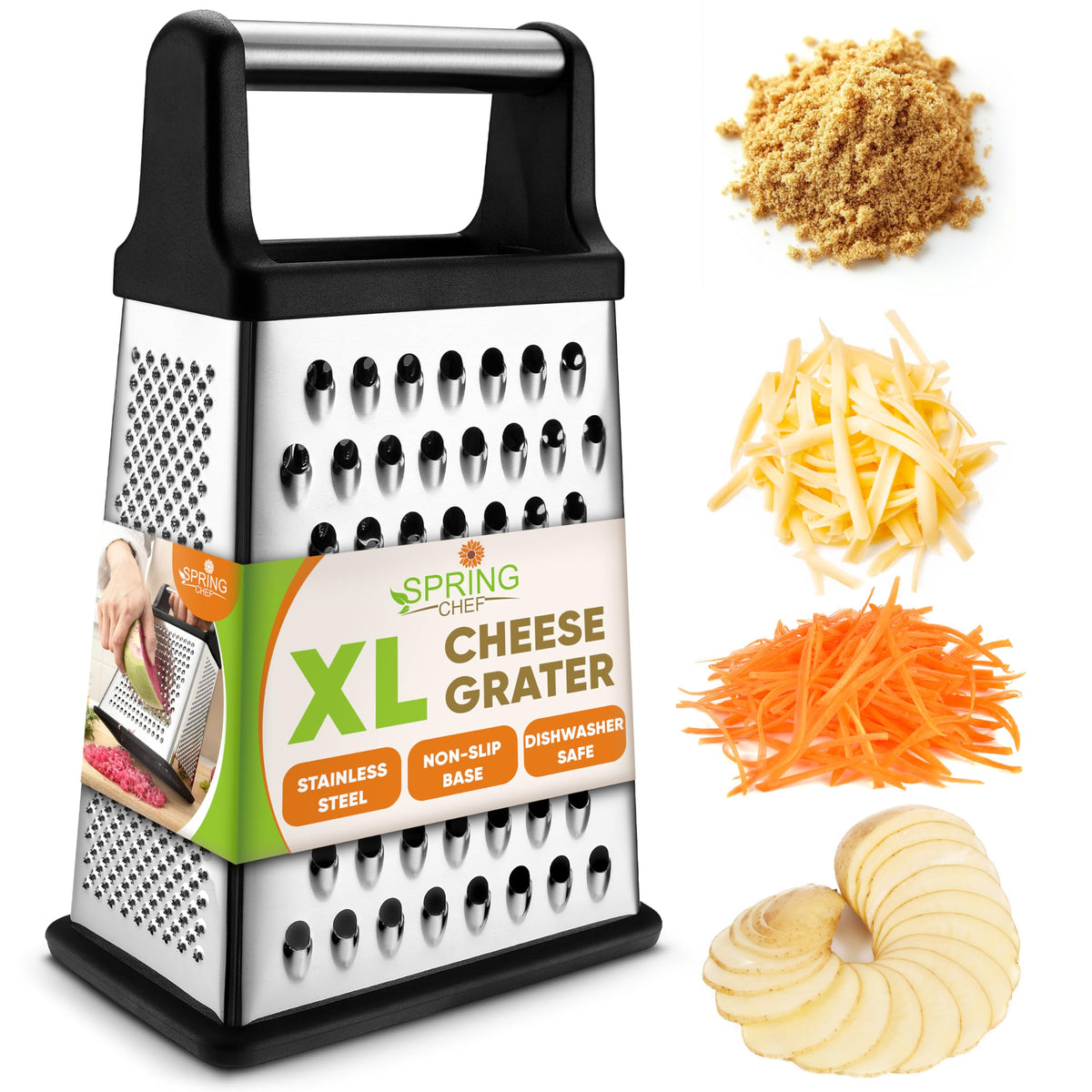 Spring Chef Stainless Steel XL Cheese Grater for Kitchen, Black