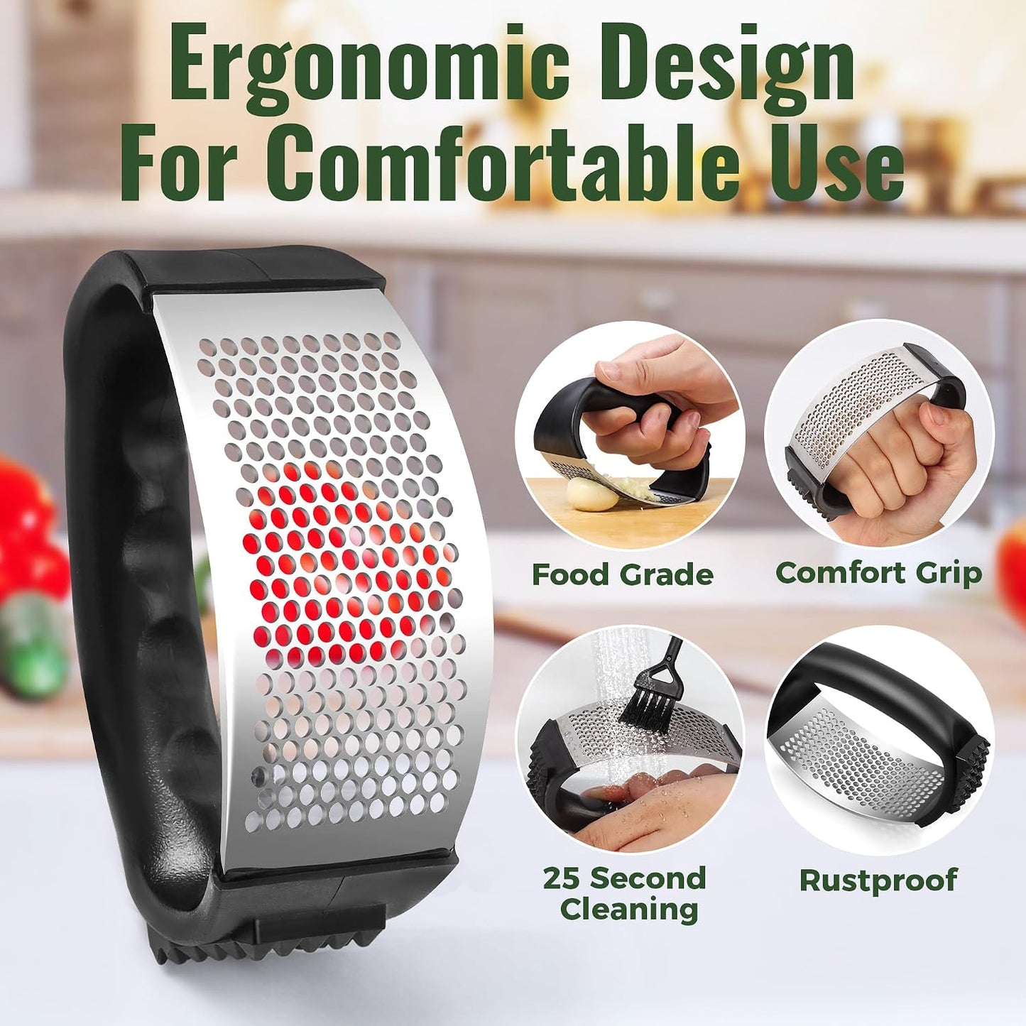 Pomyter Garlic Press Rocker, Stainless Steel Garlic Mincer and Garlic Crusher, Easy-Squeeze Garlic Tool with Peeler and Cleaning Brush for Smashing Garlic