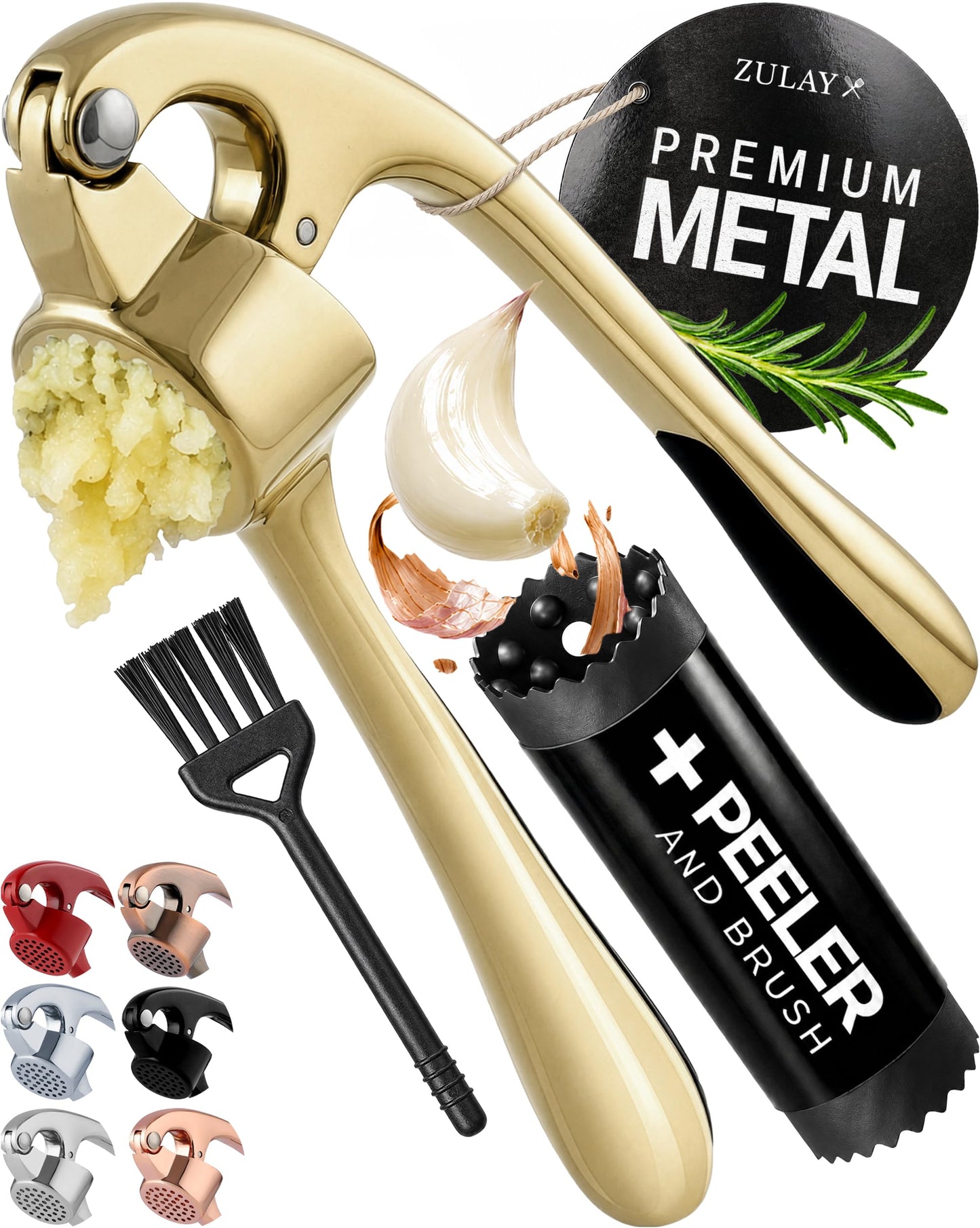 Zulay Kitchen Premium Garlic Press Set - Rust Proof Professional Garlic Mincer Tool - Easy-Squeeze, Easy-Clean with Soft, Ergonomic Handle - Silicone Garlic Peeler & Brush (Silver)