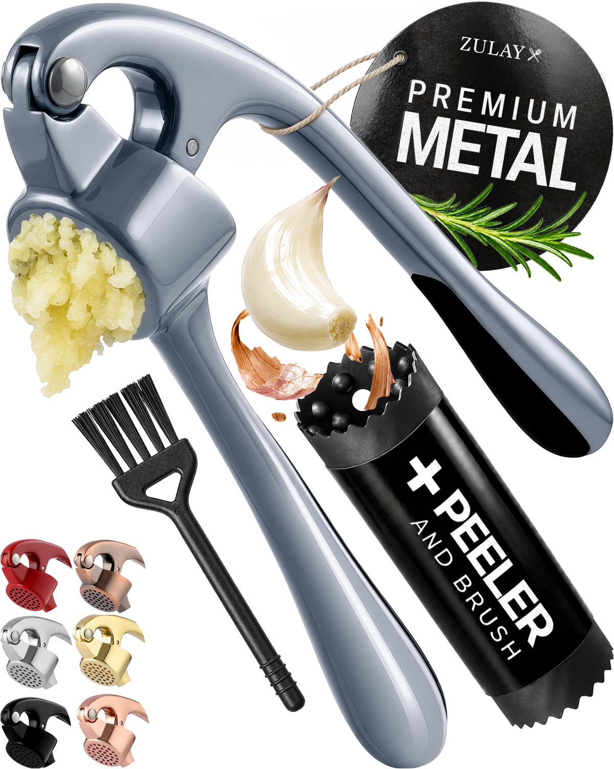 Zulay Kitchen Large Premium Garlic Press Set - Bigger Bowl for Bigger Garlic - Rust Proof Garlic Mincer Tool - Easy-Squeeze, Easy-Clean Silicone Garlic Peeler & Brush (Gold)