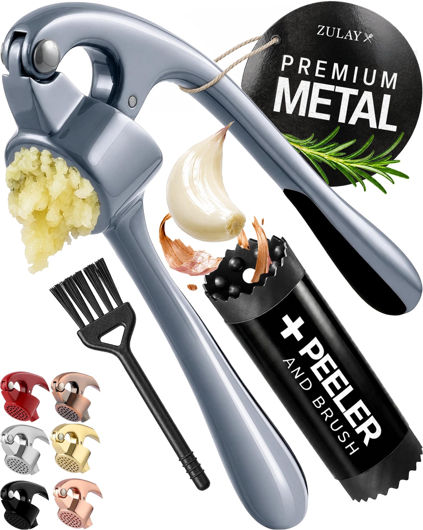 Zulay Kitchen Premium Garlic Press Set - Rust Proof Professional Garlic Mincer Tool - Easy-Squeeze, Easy-Clean with Soft, Ergonomic Handle - Silicone Garlic Peeler & Brush (Silver)