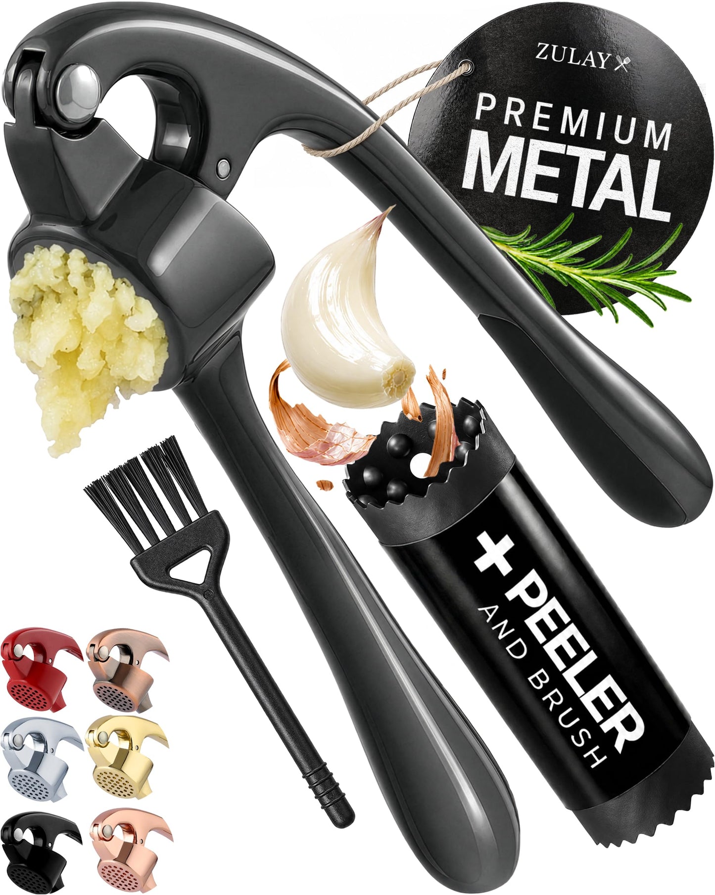Zulay Kitchen Large Premium Garlic Press Set - Bigger Bowl for Bigger Garlic - Rust Proof Garlic Mincer Tool - Easy-Squeeze, Easy-Clean Silicone Garlic Peeler & Brush (Gold)