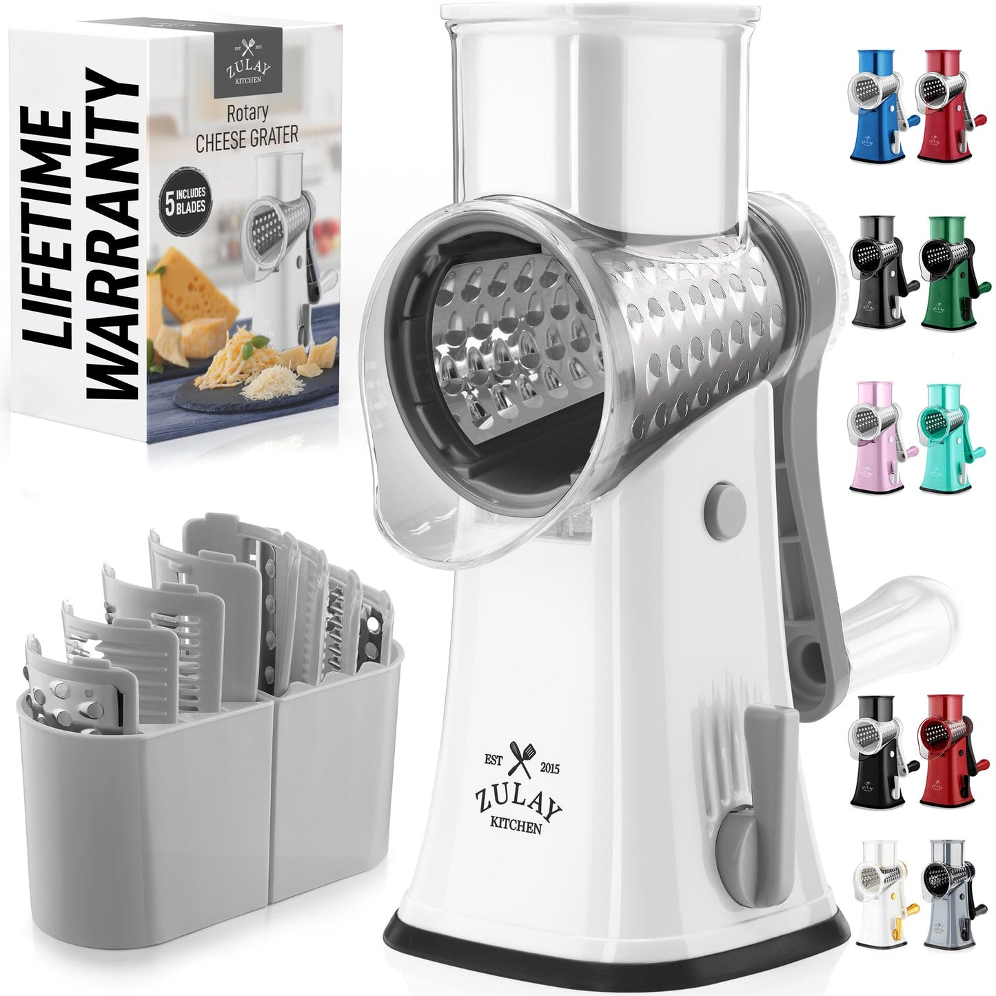 Zulay Kitchen Rotary Cheese Grater 5 Blade Cheese Shredder - Manual Hand Crank Cheese Grater With Reinforced Suction & 5 Interchangeable Drums - Easy to Use, Vegetable Chopper Round Mandoline Slicer