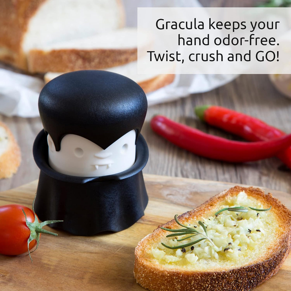 OTOTO Gracula Garlic Press, Garlic Crusher, Garlic Mincer, Also for Ginger, Nuts, Chili, Herbs - Twist Top Mincer & Easy Squeeze Manual Press Peeler, Goth Gifts
