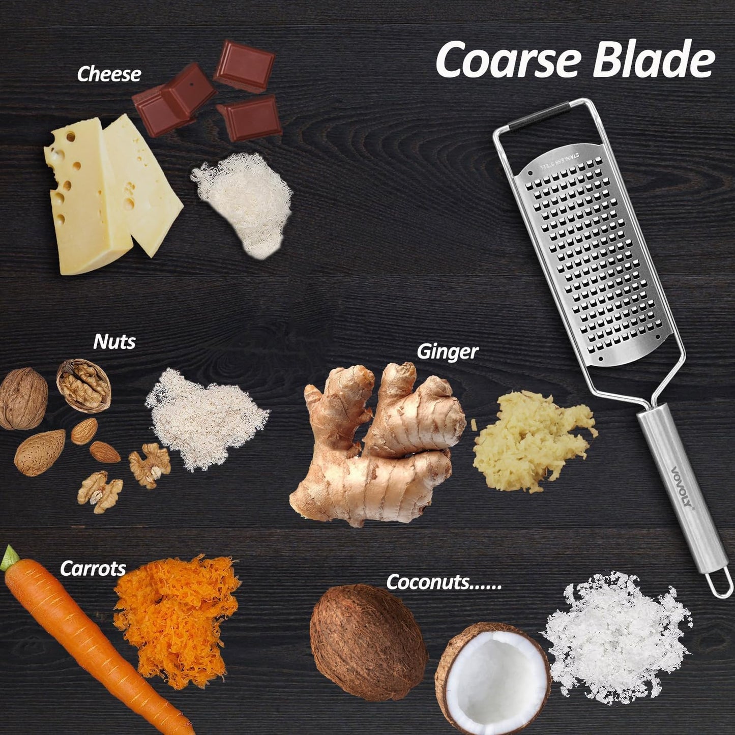 VOVOLY Zester Grater Set, 4 Pack-Fine/Coarse/Extra Coarse/Slider Attachment