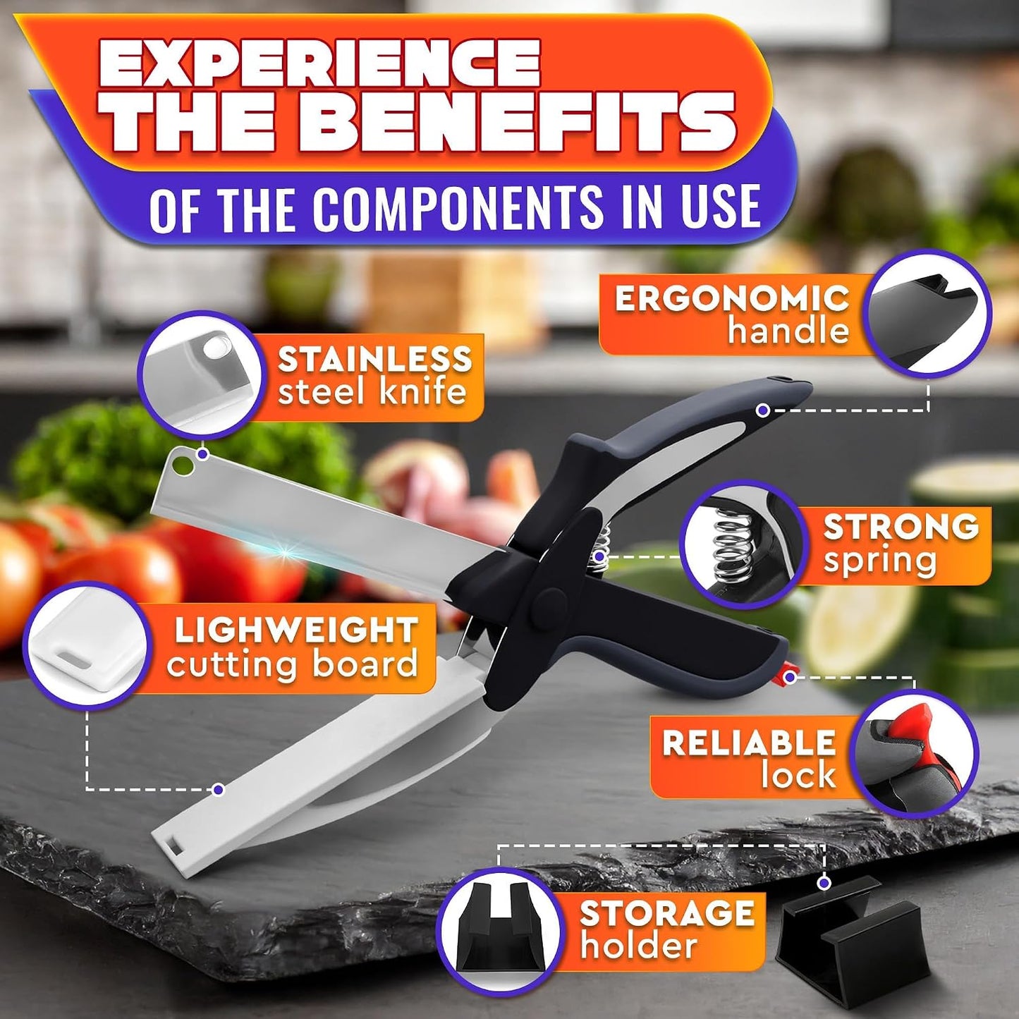 2 in 1 Kitchen Scissors for Food with Cutting Board, Safety Lock