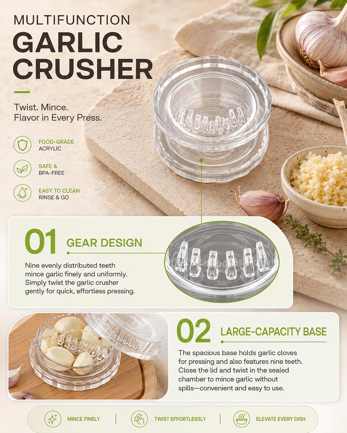 Garlic Mincer Transparent Manual Garlic Press, Multi-Functional Mincer for Garlic, Onion, Ginger, Herbs, Nuts