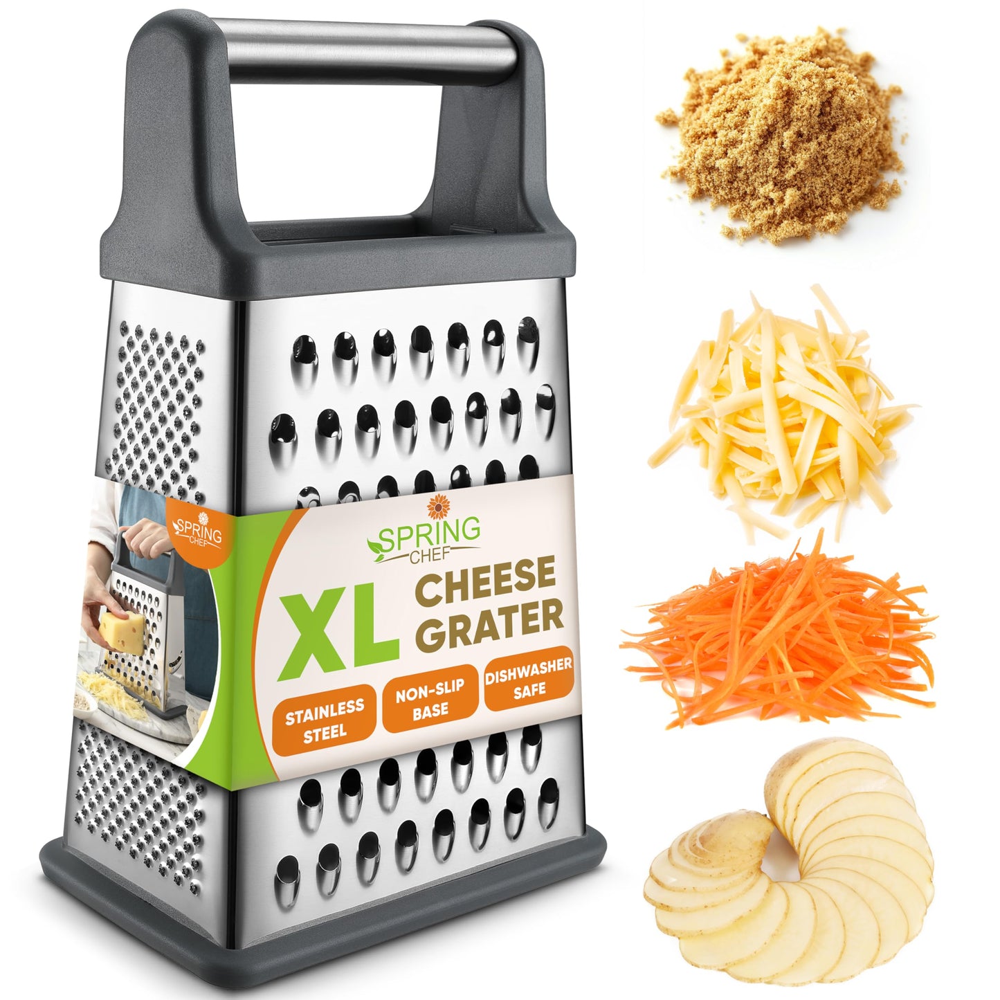 Spring Chef Stainless Steel XL Cheese Grater for Kitchen, Black