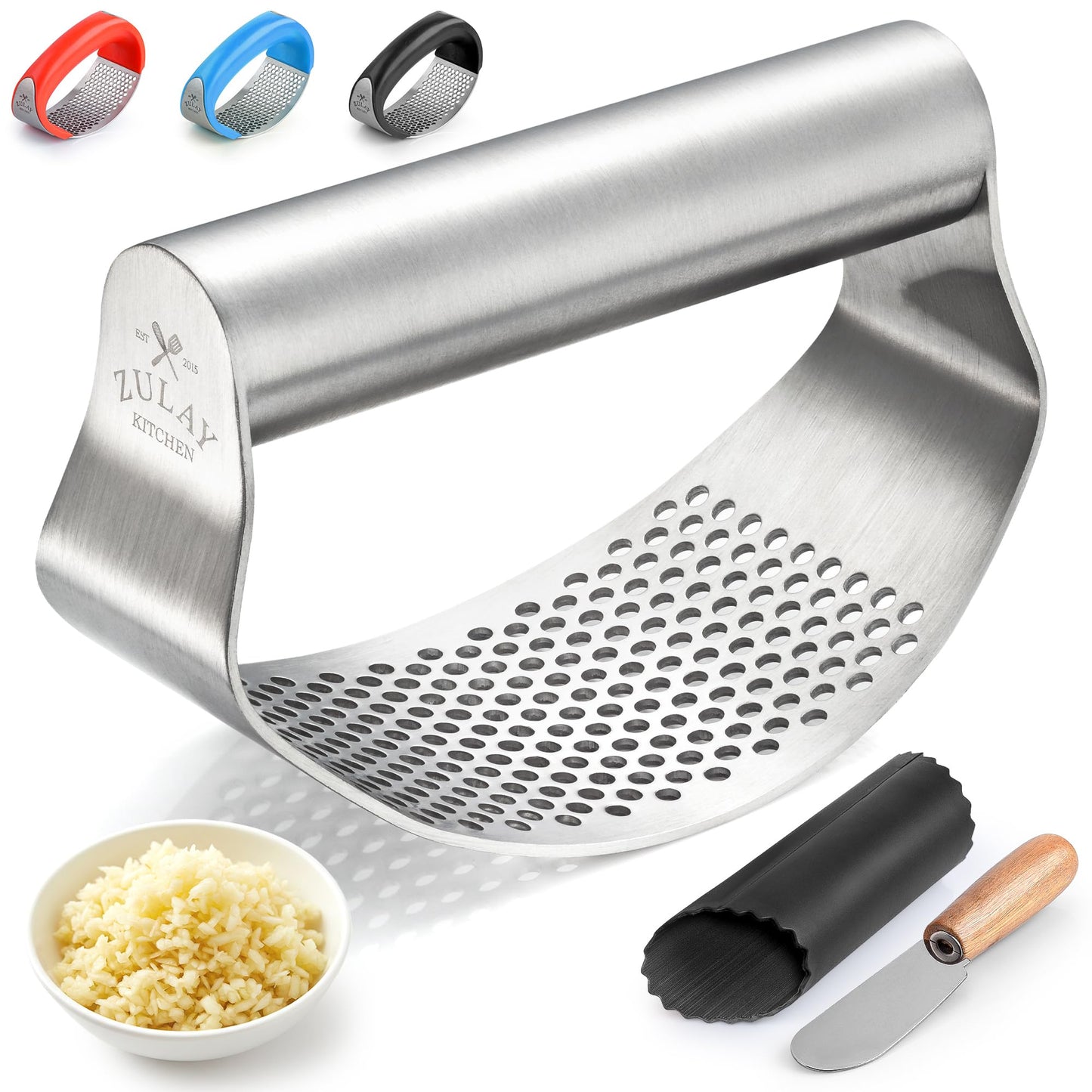 Zulay Kitchen Large Premium Garlic Press Set - Bigger Bowl for Bigger Garlic - Rust Proof Garlic Mincer Tool - Easy-Squeeze, Easy-Clean Silicone Garlic Peeler & Brush (Gold)
