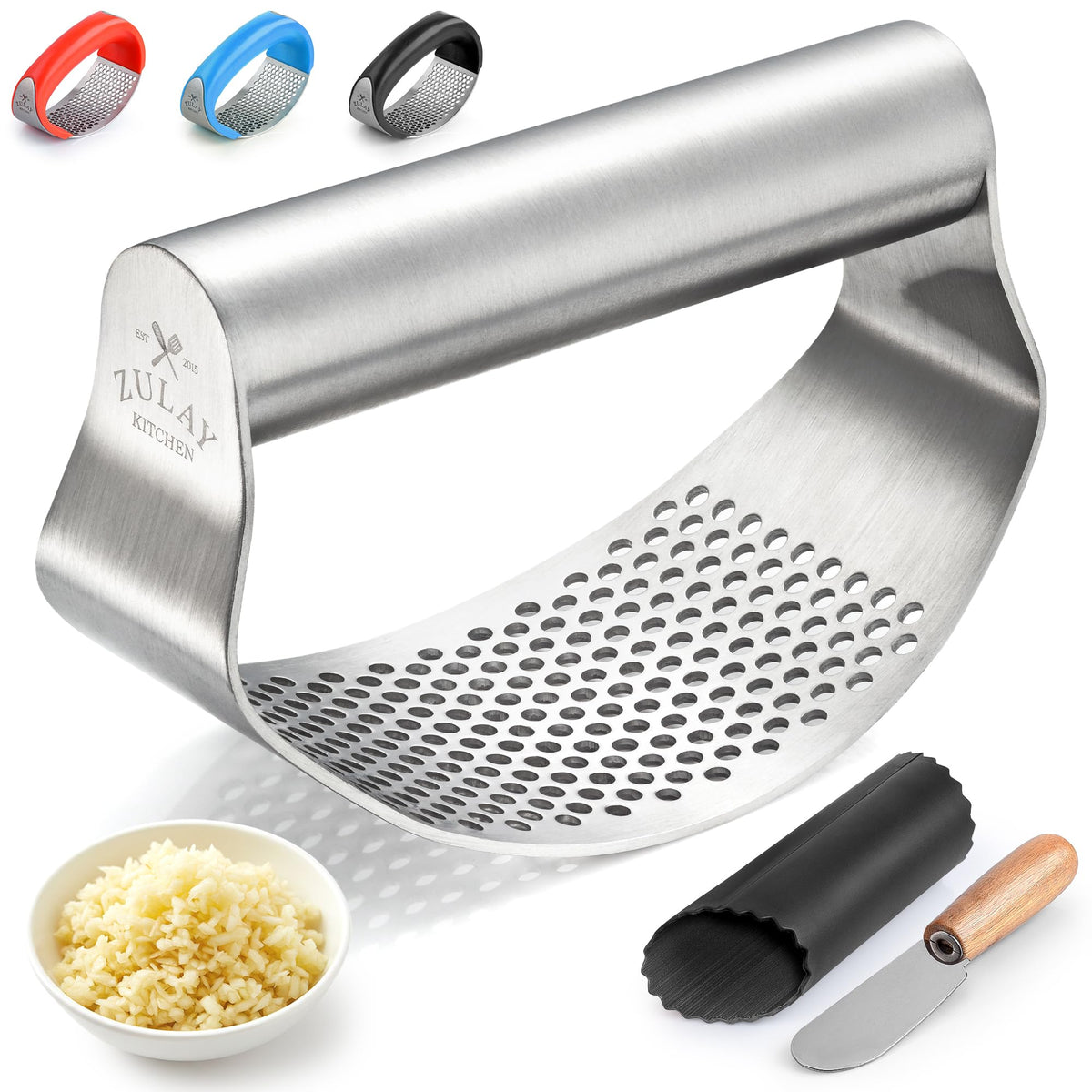 Zulay Kitchen Premium Garlic Press Set - Rust Proof Professional Garlic Mincer Tool - Easy-Squeeze, Easy-Clean with Soft, Ergonomic Handle - Silicone Garlic Peeler & Brush (Silver)