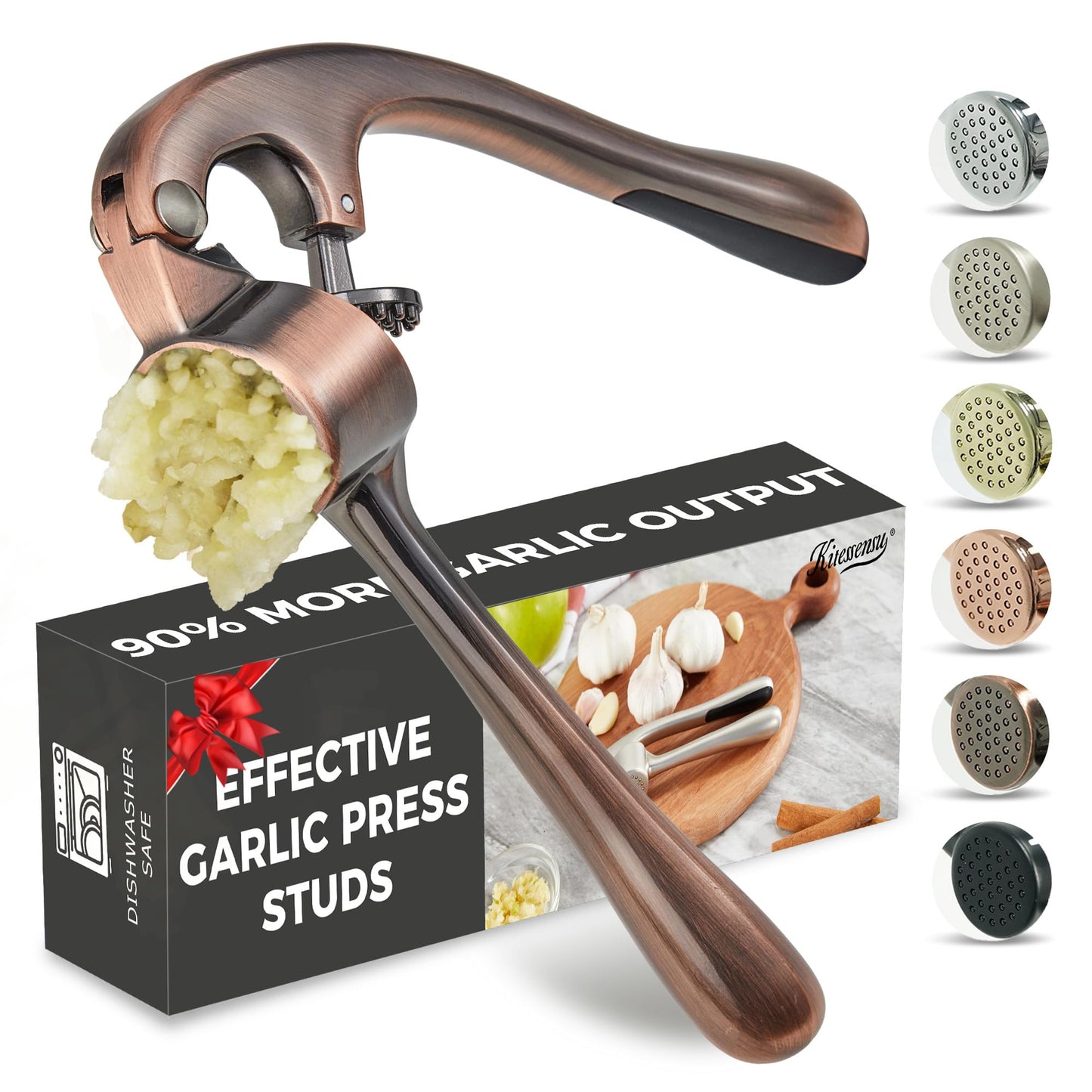 Kitessensu High Effective Garlic Press With Studs, Heavy Duty Garlic Mincer, Easy to Squeeze and Clean, Rust Proof, Ginger Crusher- Imperial Silver