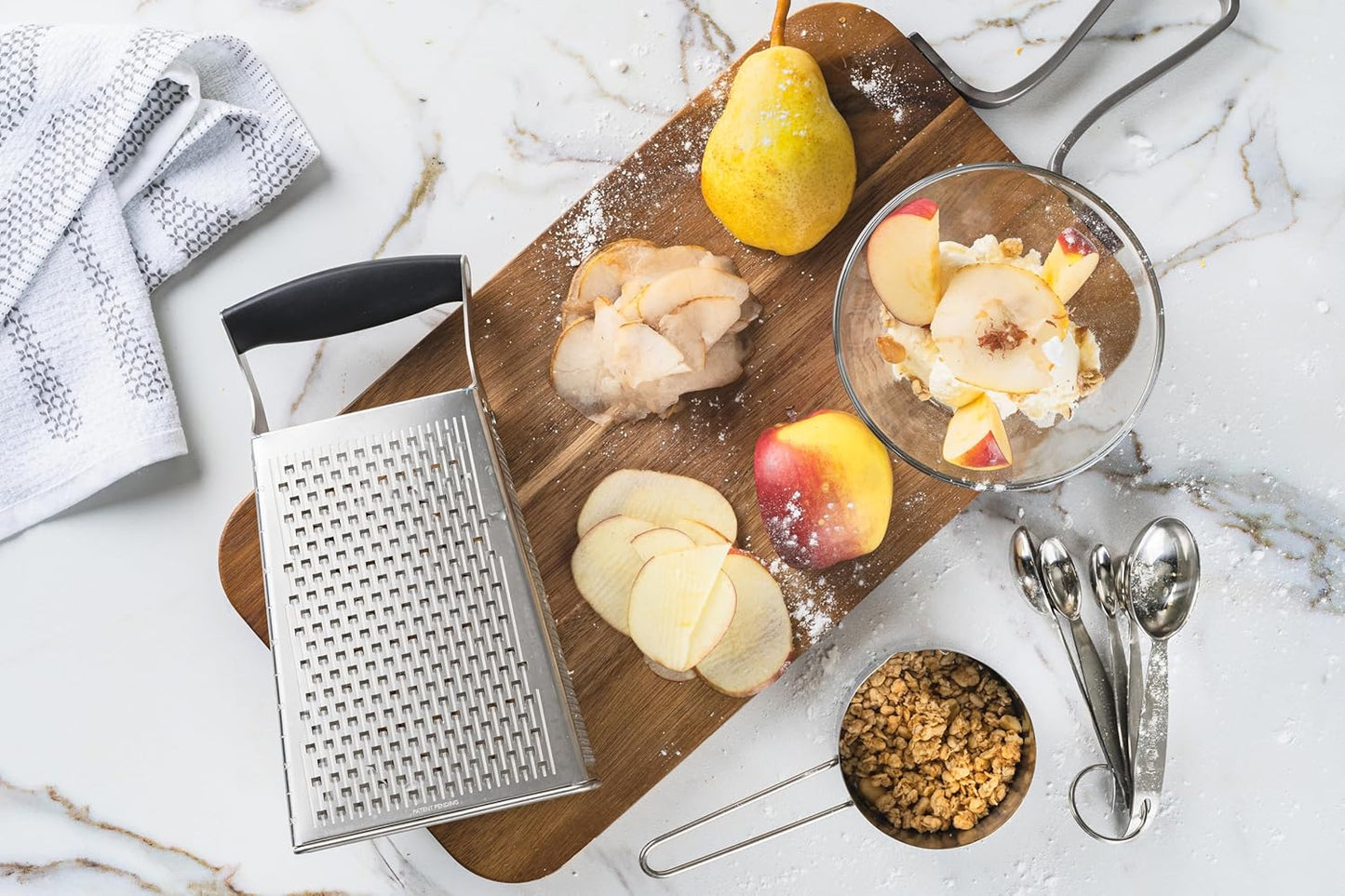 Cuisipro Stainless Steel Cheese Grater with Handle, 4 Sided Box Grater for Kitchen, Ginger Grater Dishwasher Safe, Fruit and Vegetables Slicer, Cheese Shredder for Potato, Chocolate, Parmesan, Ginger