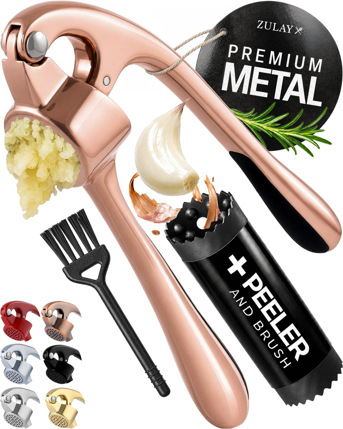 Zulay Kitchen Large Premium Garlic Press Set - Bigger Bowl for Bigger Garlic - Rust Proof Garlic Mincer Tool - Easy-Squeeze, Easy-Clean Silicone Garlic Peeler & Brush (Gold)
