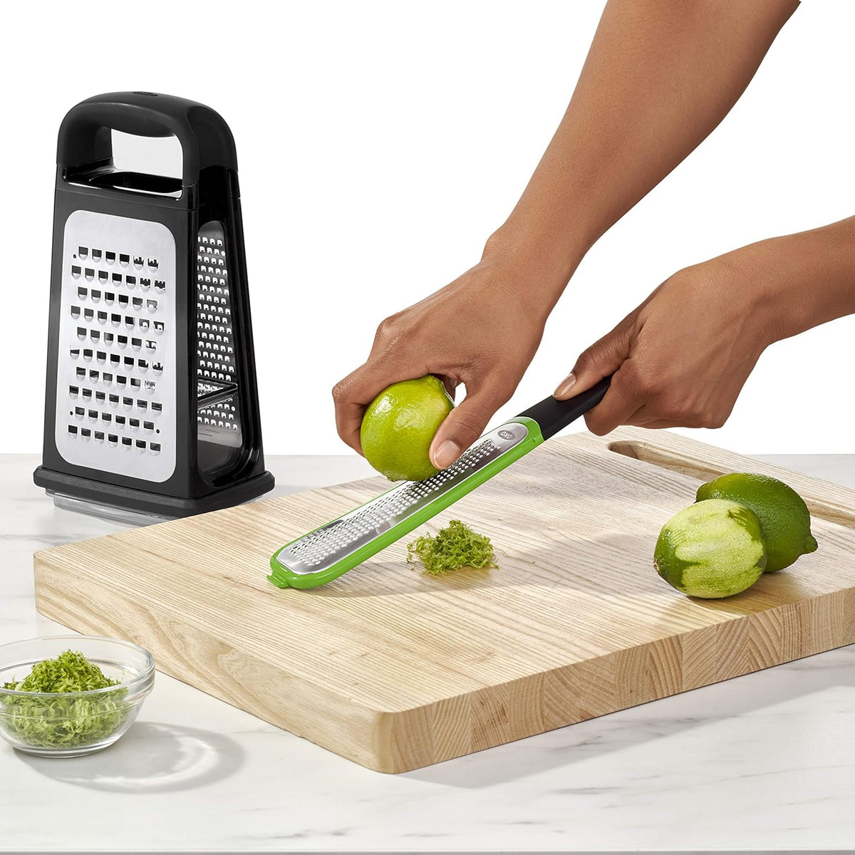 OXO Good Grips Etched Box Grater with Removable Zester | Ideal for Grating Cheese or Zesting Fruits | Storage Container Included | 4 Sided Grater | Comfortable Handle