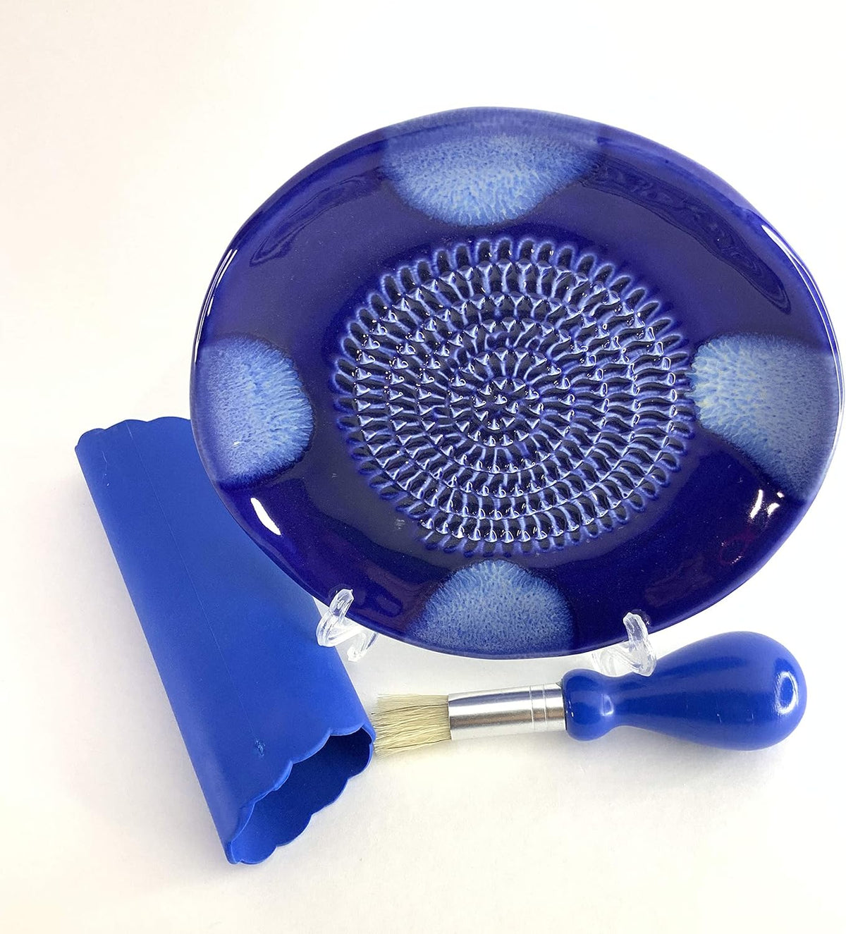 BonCera, Premium Ceramic Garlic Grater Plate Set - Blue Cross Glazed