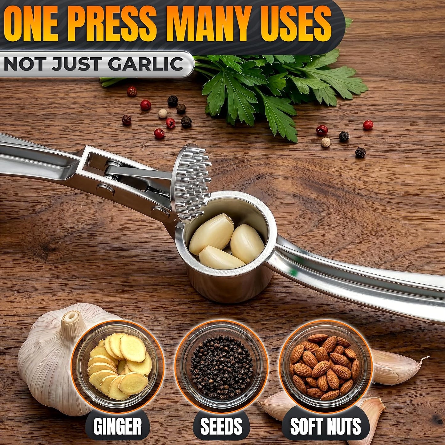 Metal Garlic Press - Ginger Mincer with 37 Built-In Studs for Maximum Extraction, Garlic Crusher for Ginger and Soft Nuts, Rust-Resistant, Ergonomic Handle, No Peel Needed, Hand Wash Only, Silver