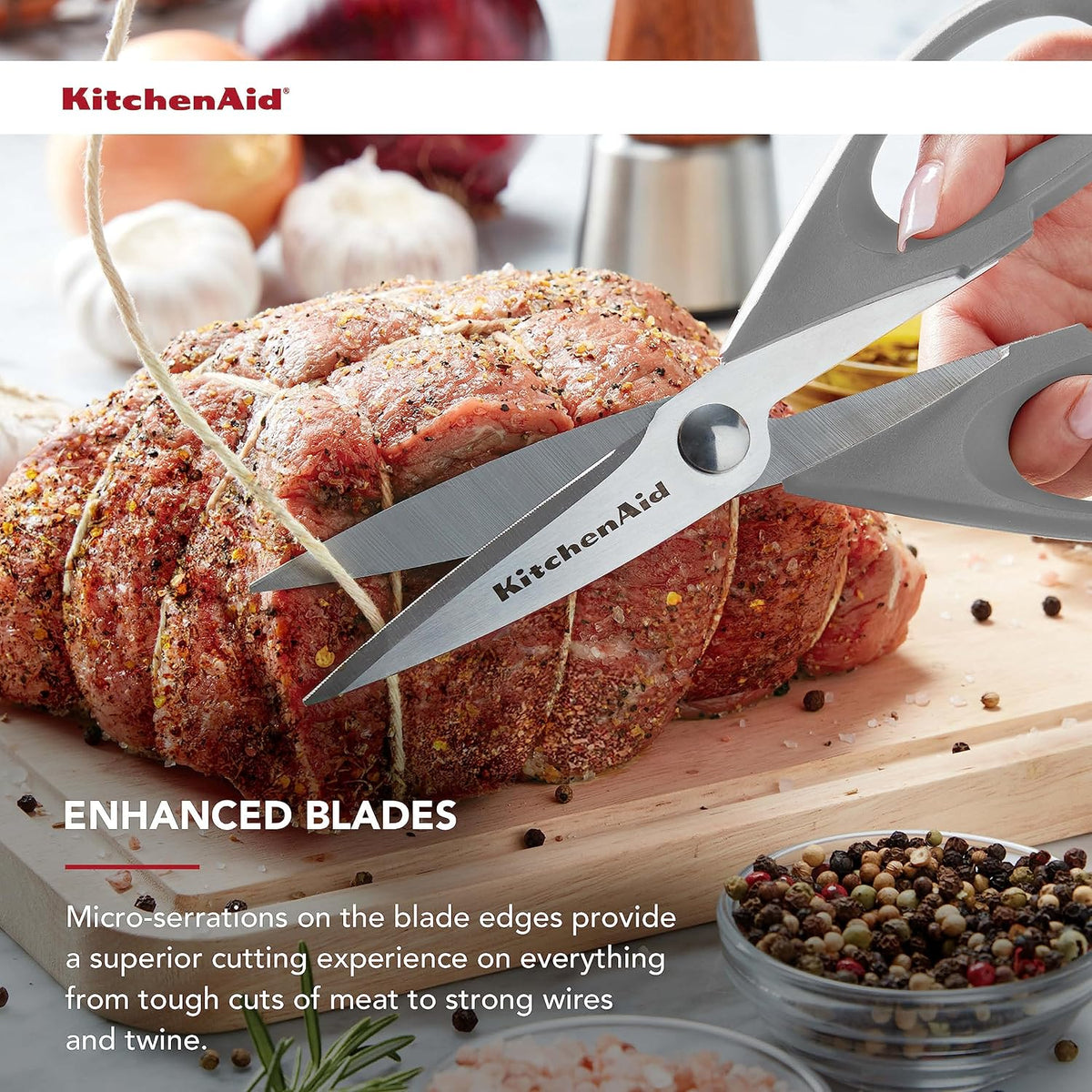 KitchenAid All Purpose Kitchen Shears with Protective Sheath Durable Stainless Steel Scissors, Dishwasher Safe, Soft Grip Comfort Handle, 8.72 Inch, Gray
