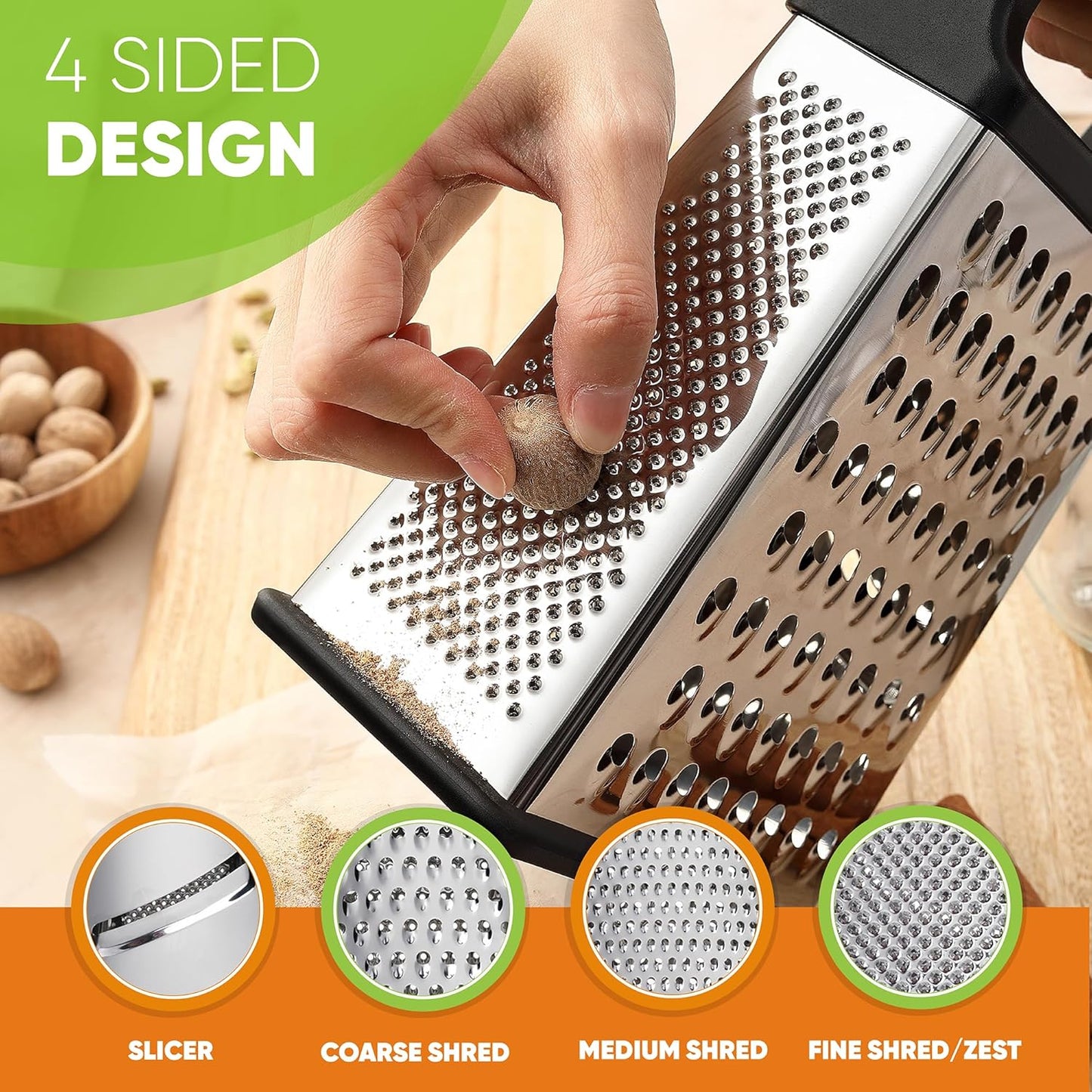 Spring Chef Stainless Steel XL Cheese Grater for Kitchen, Black