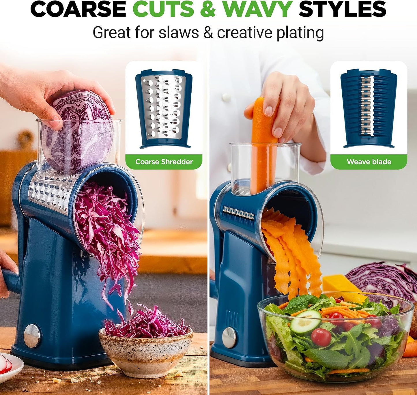 NutriChef 5 in 1 Cheese Grater & Shredder | 5 Different Blades for Thin, Thick, Julienne Strips, Wavy, & Straight Strips | Includes Hand Crank, Strong Suction Base & Storage Container | Blue
